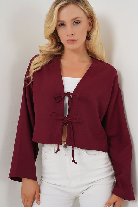 Viskose-Mix V-Ausschnitt Langarm-Kimono mit Bindungsdetails - Image 4