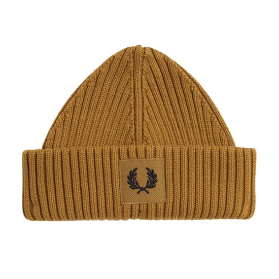 Fred Perry Branded Patch Dark Caramel Ribbed Beanie - Image 1