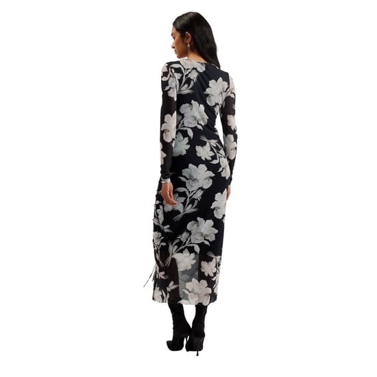 Ted Baker Marliyy Bedrucktes, Figurbetontes, Gerafftes Schwarzes Kleid Aus Mesh - Image 4