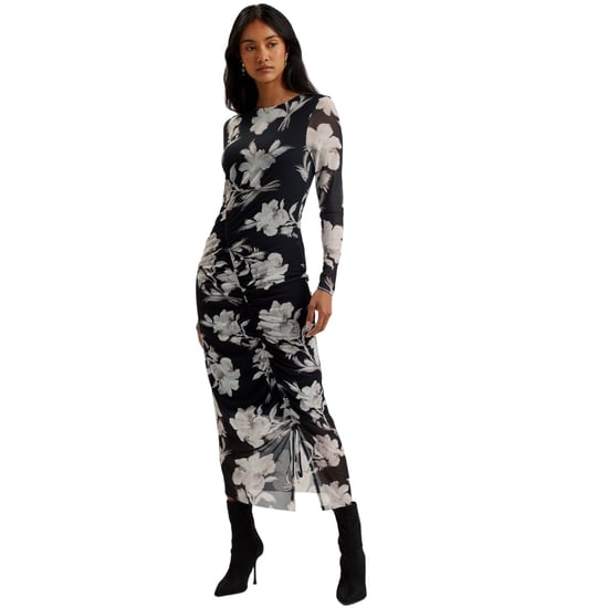 Ted Baker Marliyy Bedrucktes, Figurbetontes, Gerafftes Schwarzes Kleid Aus Mesh - Image 6