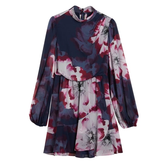 Ted Baker Aracely Bedrucktes Langarmkleid In Marineblau Mit Krawattenkragen - Image 1