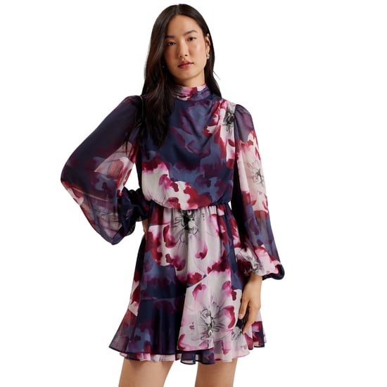 Ted Baker Aracely Bedrucktes Langarmkleid In Marineblau Mit Krawattenkragen - Image 2