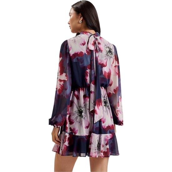 Ted Baker Aracely Bedrucktes Langarmkleid In Marineblau Mit Krawattenkragen - Image 3