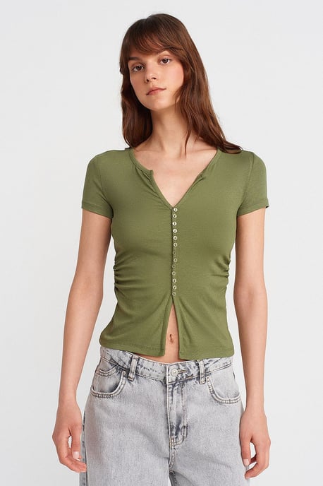 Slim Fit V-Ausschnitt Knöpfen Bluse - Image 1