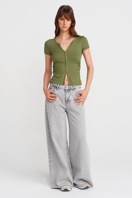 Slim Fit V-Ausschnitt Knöpfen Bluse - Image 4