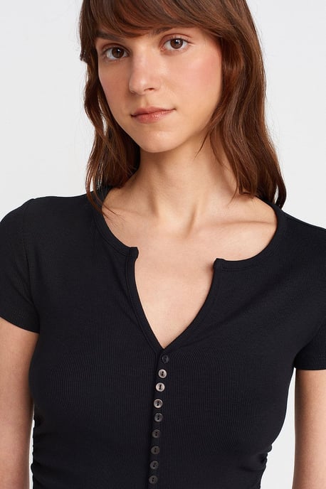 Dilvin Slim-fit Bluse mit V-Ausschnitt und Knopfleiste - Schwarz - Image 3
