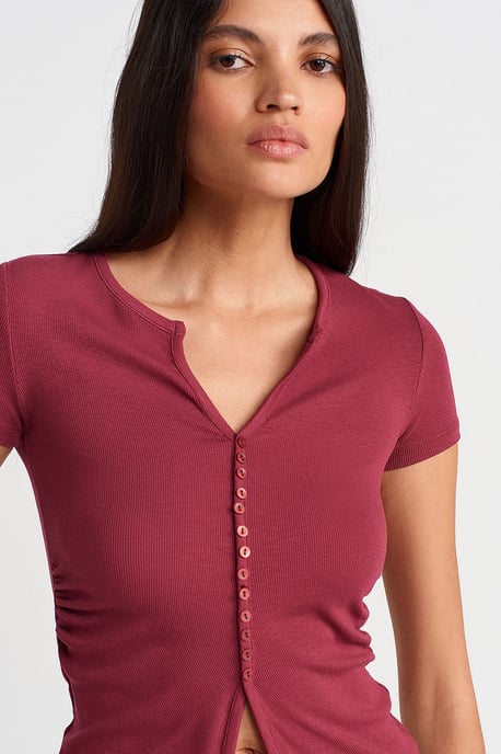 Slim Fit V-Ausschnitt Knöpfen Bluse - Image 3