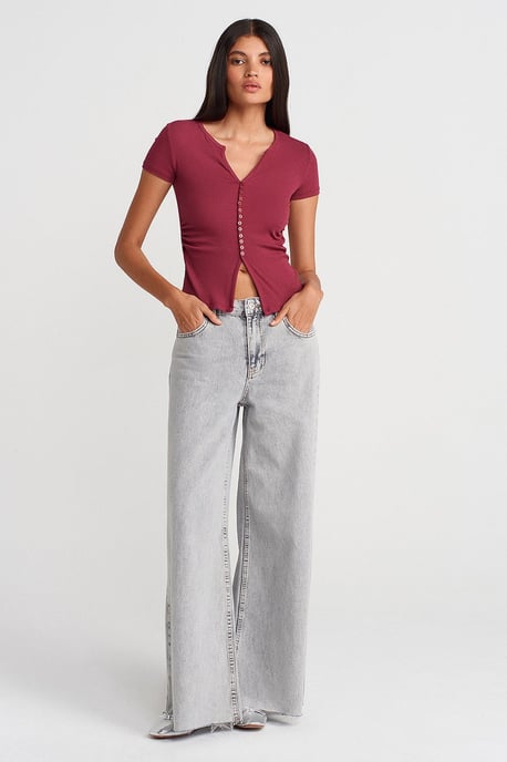Slim Fit V-Ausschnitt Knöpfen Bluse - Image 4