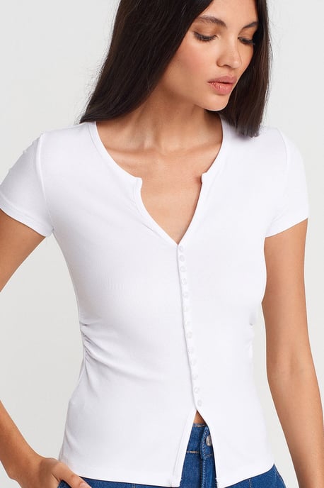 Slim Fit V-Ausschnitt Knöpfen Bluse - Image 3