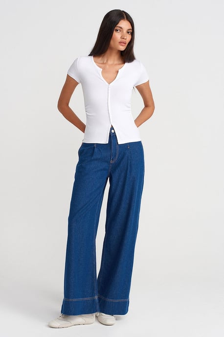 Slim Fit V-Ausschnitt Knöpfen Bluse - Image 4
