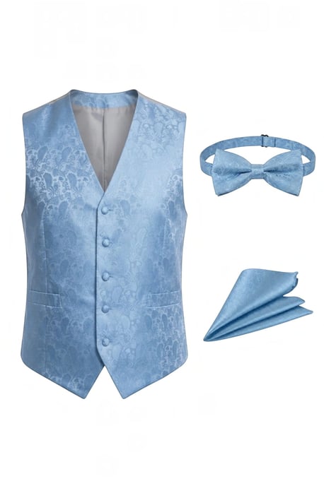 3-teiliges Herren-Set mit hellblauem Paisley-Blumenmuster: Weste, Fliege und Einstecktuch – Robert - Image 2