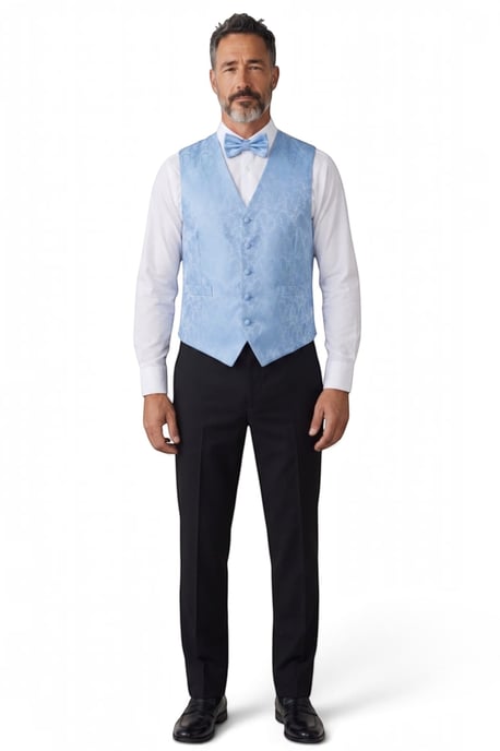 3-teiliges Herren-Set mit hellblauem Paisley-Blumenmuster: Weste, Fliege und Einstecktuch – Robert - Image 4