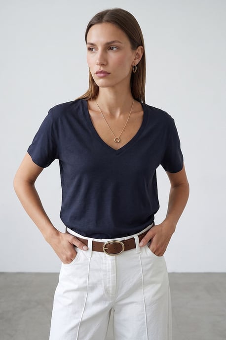 Baumwolle Tencel V-Ausschnitt Kurzarm-Bluse - Image 1
