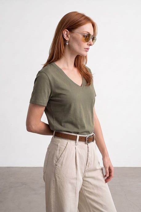 Baumwolle Tencel V-Ausschnitt Kurzarm-Bluse - Image 1