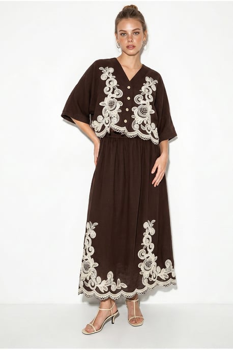 Übergröße V-Ausschnitt Besticktes 3/4-Arm Shirt und Weite Bein Hose Set - Image 2