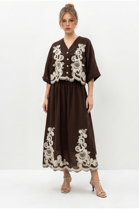 Übergröße V-Ausschnitt Besticktes 3/4-Arm Shirt und Weite Bein Hose Set - Image 3