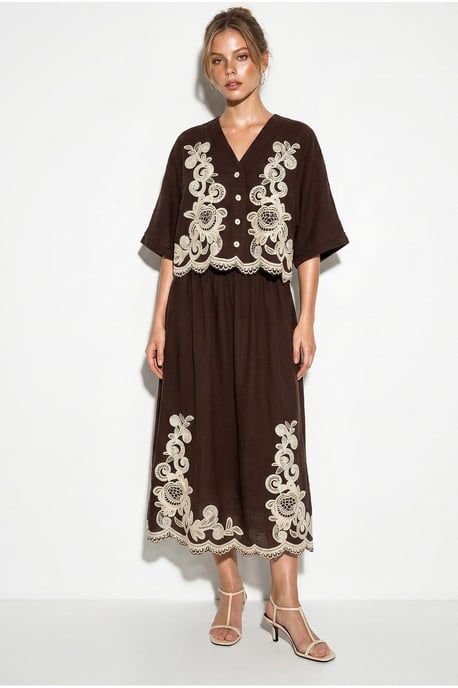 Übergröße V-Ausschnitt Besticktes 3/4-Arm Shirt und Weite Bein Hose Set - Image 4
