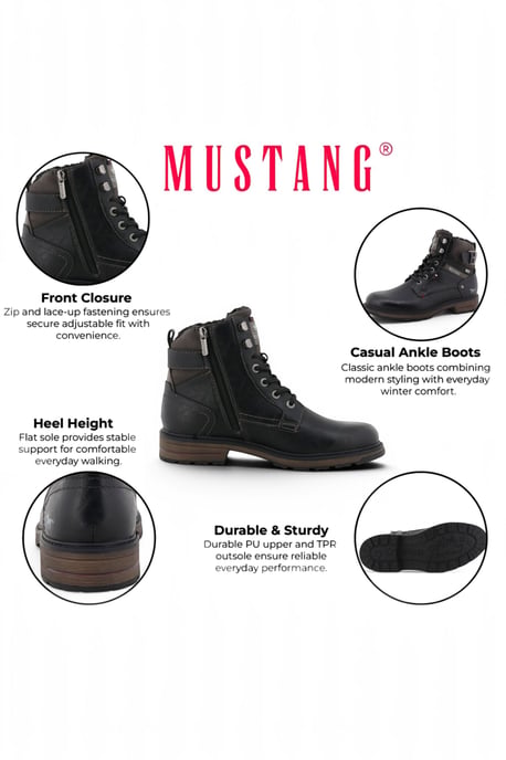 Mustang Herren Schwarze Kunstleder Winter Schnür-Stiefeletten - M0021001 - Image 3