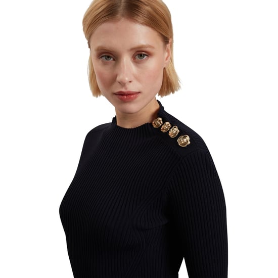 Ted Baker Lilano Kleid Aus Geripptem Strick Mit Knopfdetails In Marineblau - Image 4