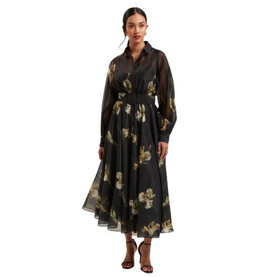 Schwarzes Midikleid „liorra" Aus Bedrucktem Organza Mit Gürtel Von Ted Baker - Image 2