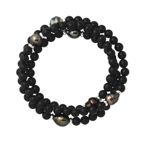 Armband Echte Tahiti-Zuchtperlen geringelt 8-9 mm SCHWARZER ACHAT — 925er Silber — 60 cm — Herren - Image 2