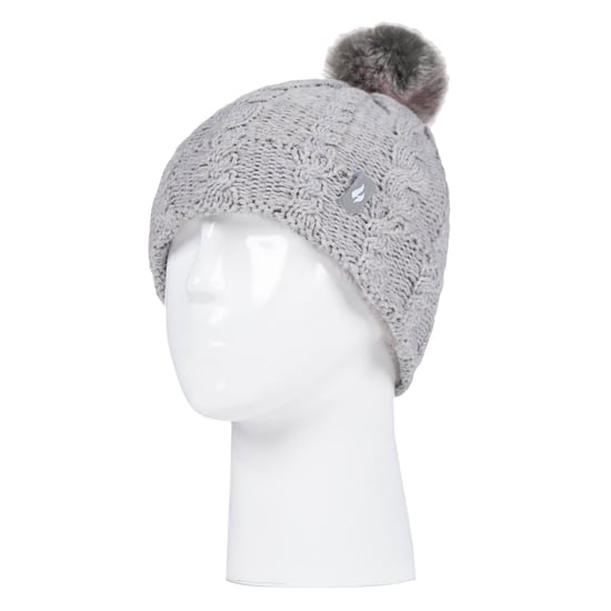 Wärmehalter - Set aus Bommelmütze und Handschuhen für Mädchen | Mütze mit umgeschlagener Manschette und Kabelstrickhandschuhe - Frostgrau meliert - Image 3