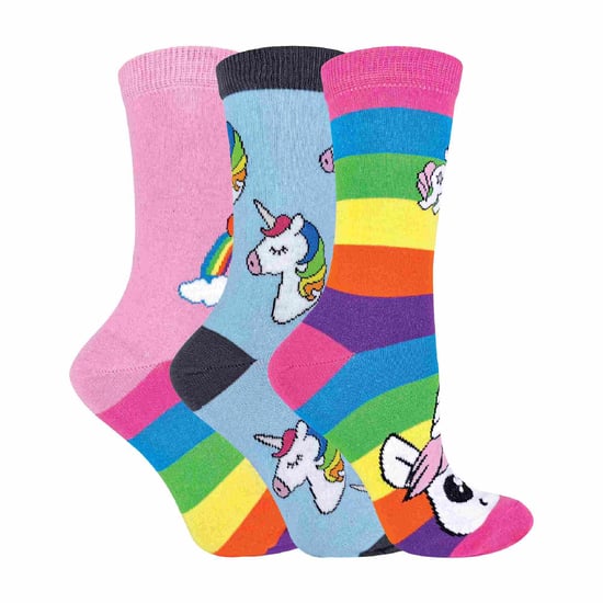 Childrens Mädchen 3 Pack mythische Einhorn gestreift Regenbogen Thema Socken - Image 2