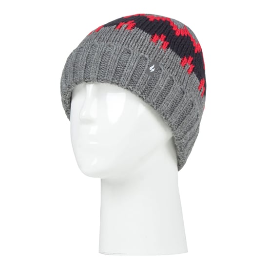 Wärmehalter - Jungen dicke gerippte gewebte gestrickte weiche Pom Pom Bobble Beanie Mütze - Pebble Melange/Rot/Navy - Image 3