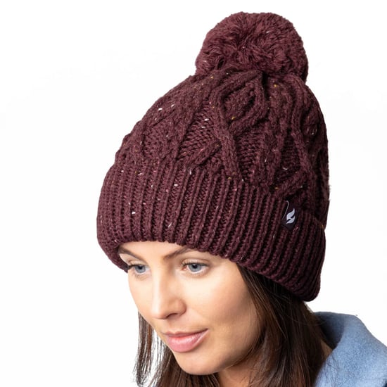Damen Pom Pom Bommelmütze | Wärmehalter | Modische Chunky Warm Cable Knit Beanie mit Heatweaver Fleece Innenfutter | Salzburg Style - Wein - Image 4