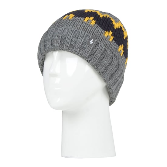 Wärmehalter - Jungen dicke gerippte gewebte gestrickte weiche Pom Pom Bobble Beanie Mütze - Pebble Melange/Gold/Navy - Image 3