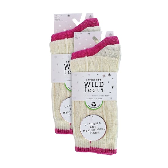4er Pack Damen Kabelstrick Socken | Wildfeet | Lurex Glitzer Socken für Frauen - Creme/Rosa - Image 2