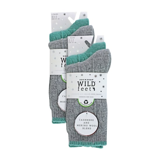 4er Pack Damen Kabelstrick Socken | Wildfeet | Lurex Glitzer Socken für Frauen - Grau/Grün - Image 2