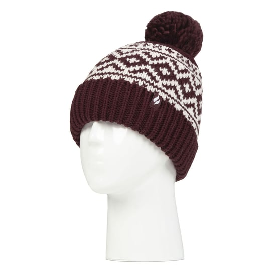Gemusterte Damen-Turnover-Bommelmütze | Wärmehalter | Grober Zopfstrick mit Heatweaver-Fleece-Futter | Billingen Style - Wein - Image 3