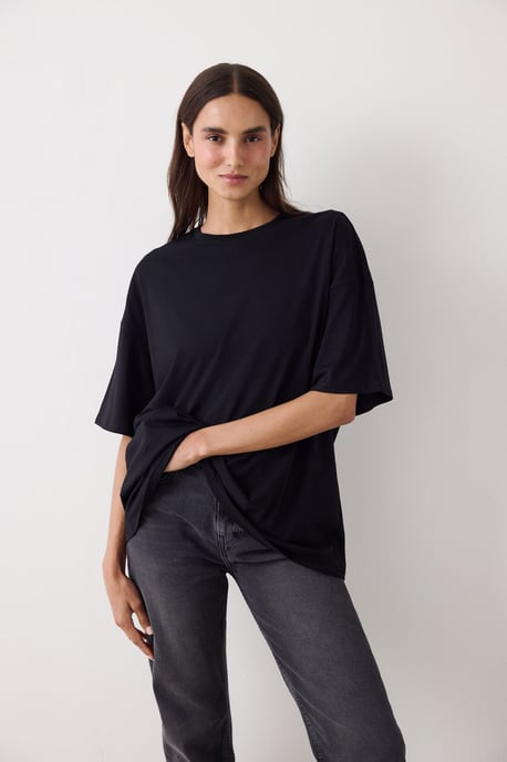 Oversized Baumwollmischung Rundhalsausschnitt T-Shirt - Image 2