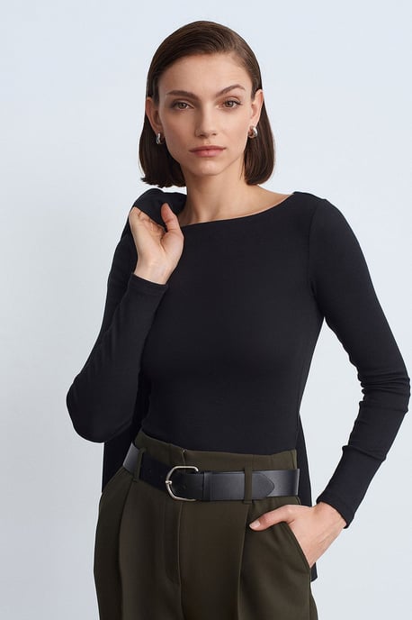 Damen Slim-Fit Boot-Ausschnitt Langarmbluse - Image 3