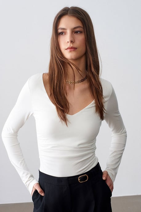 Schmale Passform V-Ausschnitt Strickbluse - Image 1