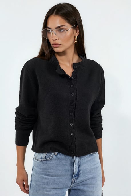 Rippstrick Rundhalsausschnitt Knopf-Cardigan - Image 1