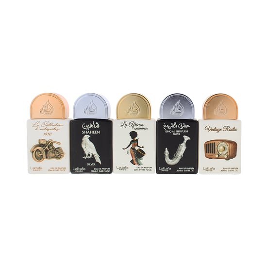 Lattafa Geschenkset Kollektion 5 x 20ml (Shaheen Silber, La Collection D'Antiquites 1910, Vintage Radio, Ishq Al Shuyukh Silber, La African Drummer) - Image 2