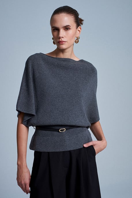 Gestrickter Pullover mit Gürtel und Boot-Ausschnitt - Image 1
