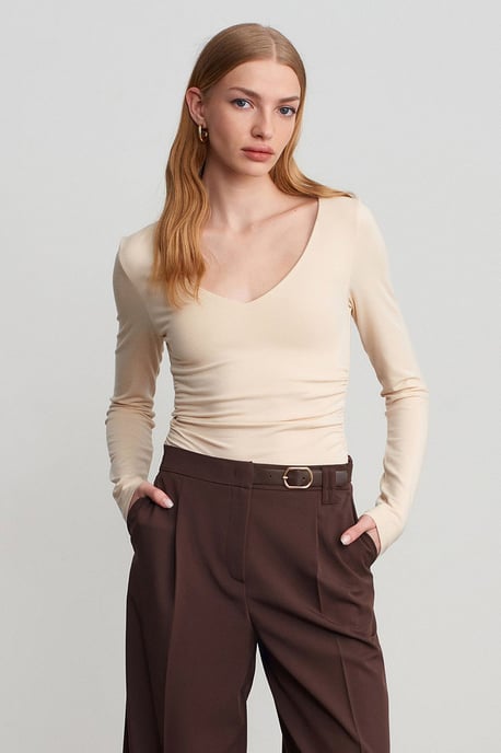 Schmale Passform V-Ausschnitt Strickbluse - Image 1