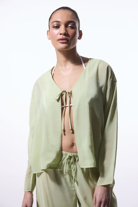 Übergroßer V-Ausschnitt Knotenfront Midi-Kimono - Image 1