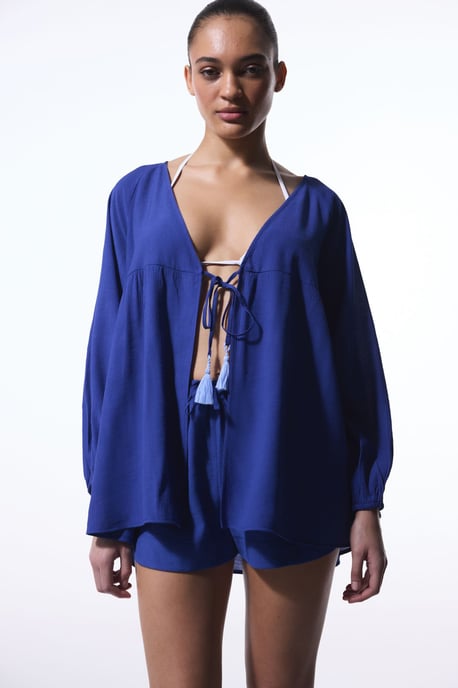 Einfarbiger Midi Gewebter Kimono mit Fransenband - Image 5