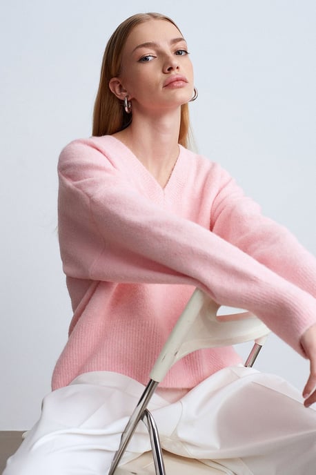 Damen V-Ausschnitt Rippstrickpullover - Image 3