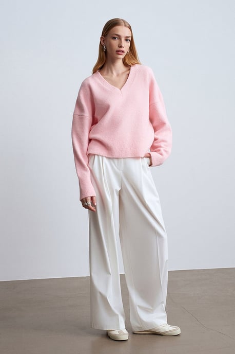 Damen V-Ausschnitt Rippstrickpullover - Image 4