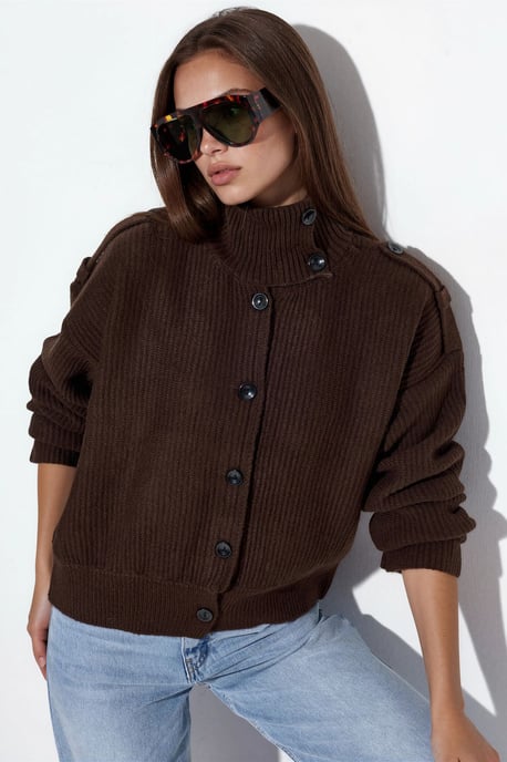 Geripptes Halbhochkragen-Button-Cardigan - Image 1