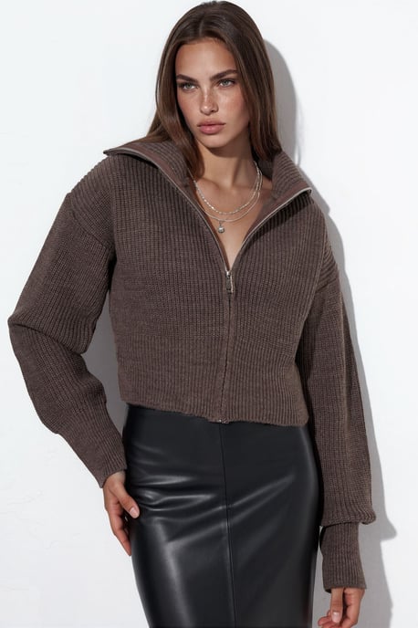 Damen Cropped Gerippter Reißverschluss Cardigan - Image 1