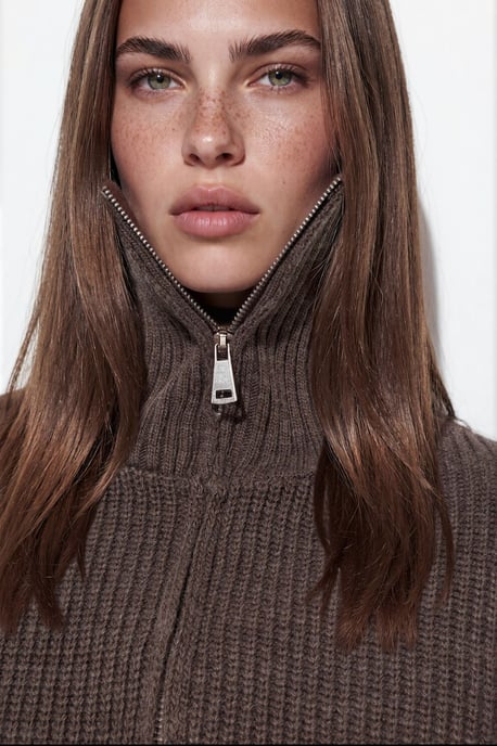 Damen Cropped Gerippter Reißverschluss Cardigan - Image 3
