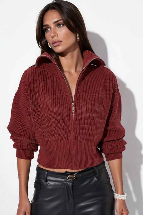 Damen Cropped Gerippter Reißverschluss Cardigan - Image 1