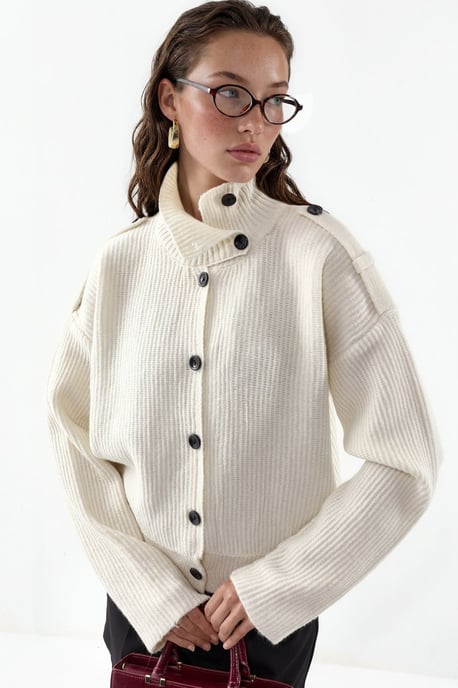 Geripptes Halbhochkragen-Button-Cardigan - Image 1