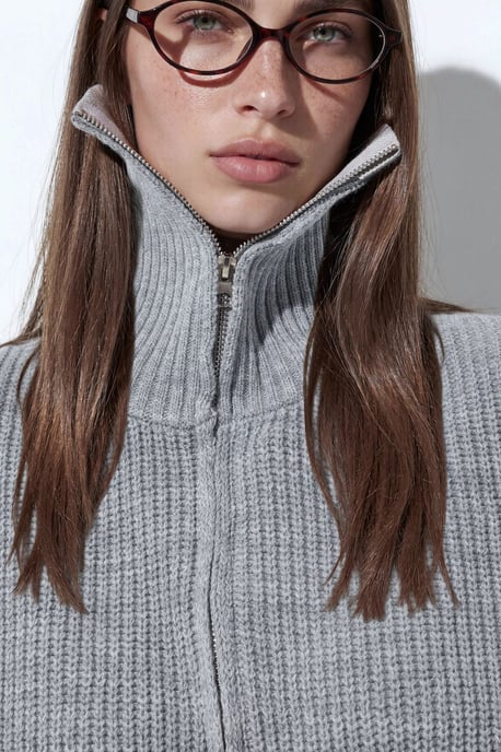 Damen Cropped Gerippter Reißverschluss Cardigan - Image 3